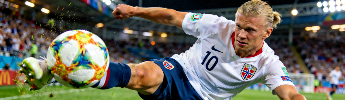 挪威前锋哈兰德在比赛中大力射门的特写镜头