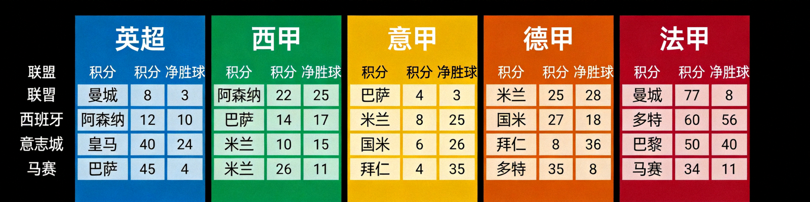 欧洲五大联赛积分榜数据可视化图表展示