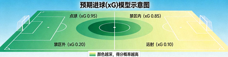 预期进球(xG)模型示意图，展示不同位置射门的得分概率